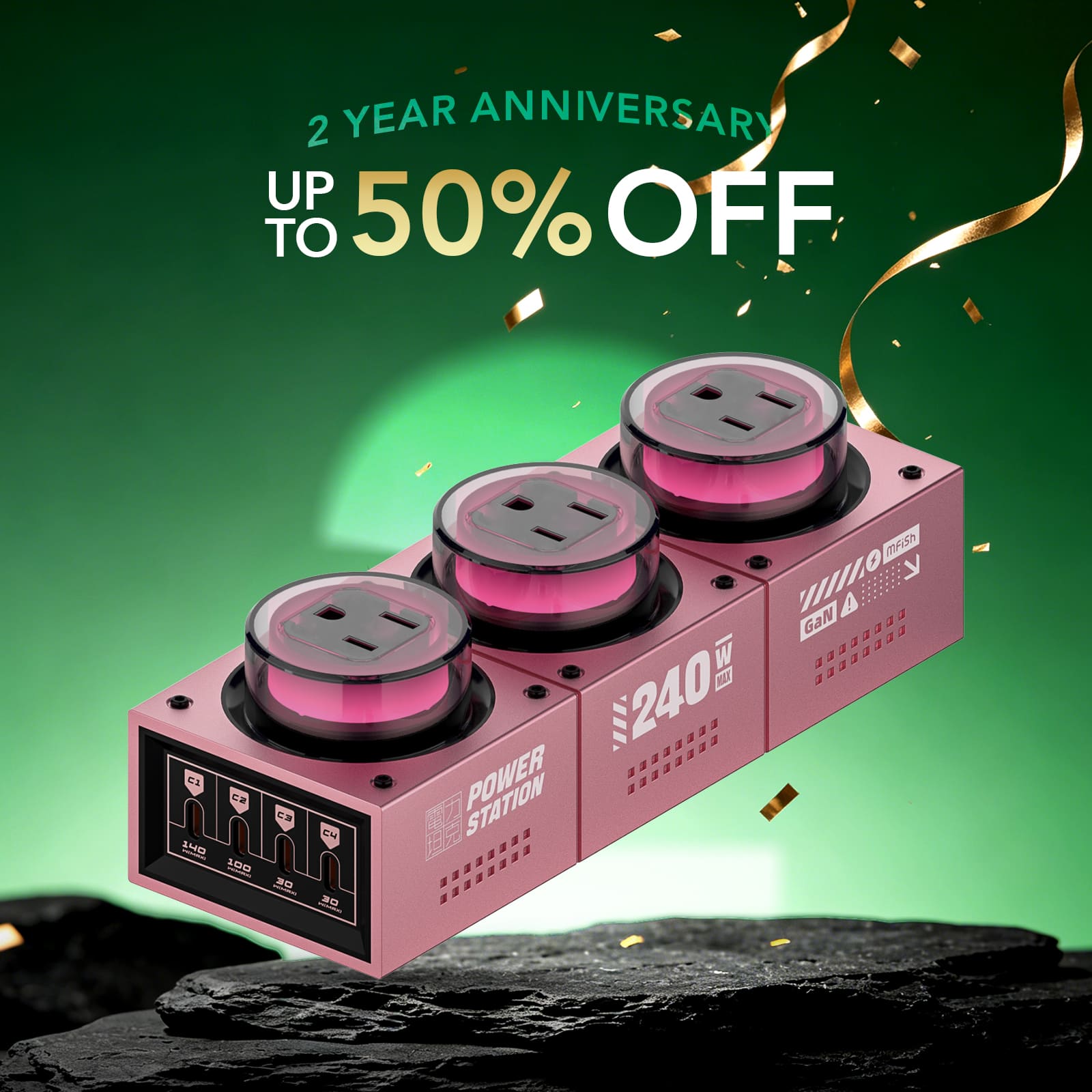 mfish E-Tank 240W GaN Desktop Charging Station - Pink (7-in-1 Power Hub: 4 USB-C & 3 AC Outlets)