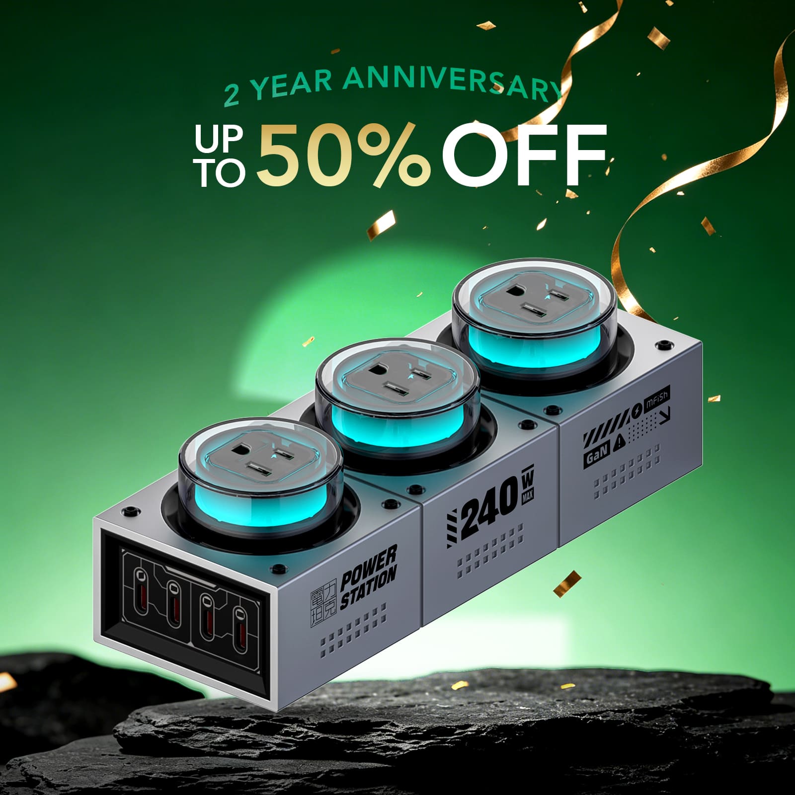 mfish E-Tank 240W GaN Desktop Charging Station (7-in-1: 4 USB-C Ports & 3 AC Outlets, 1250W)