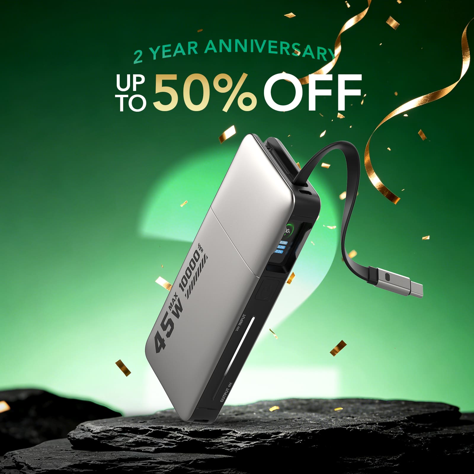 mfish E-RHINO Powerbank (10K, 45W, eingebautes und einziehbares Kabel)