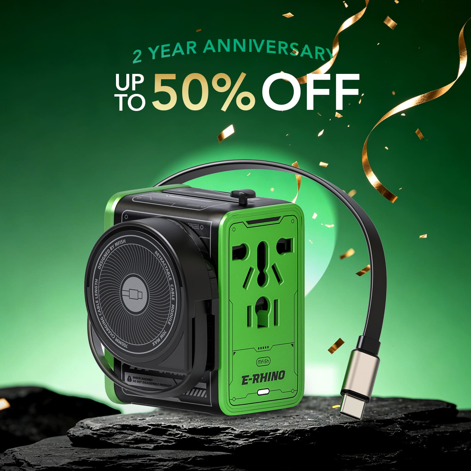 mfish E-RHINO Reiseadapter (75W, 5-in-1, GaN, integriertes einziehbares Kabel)