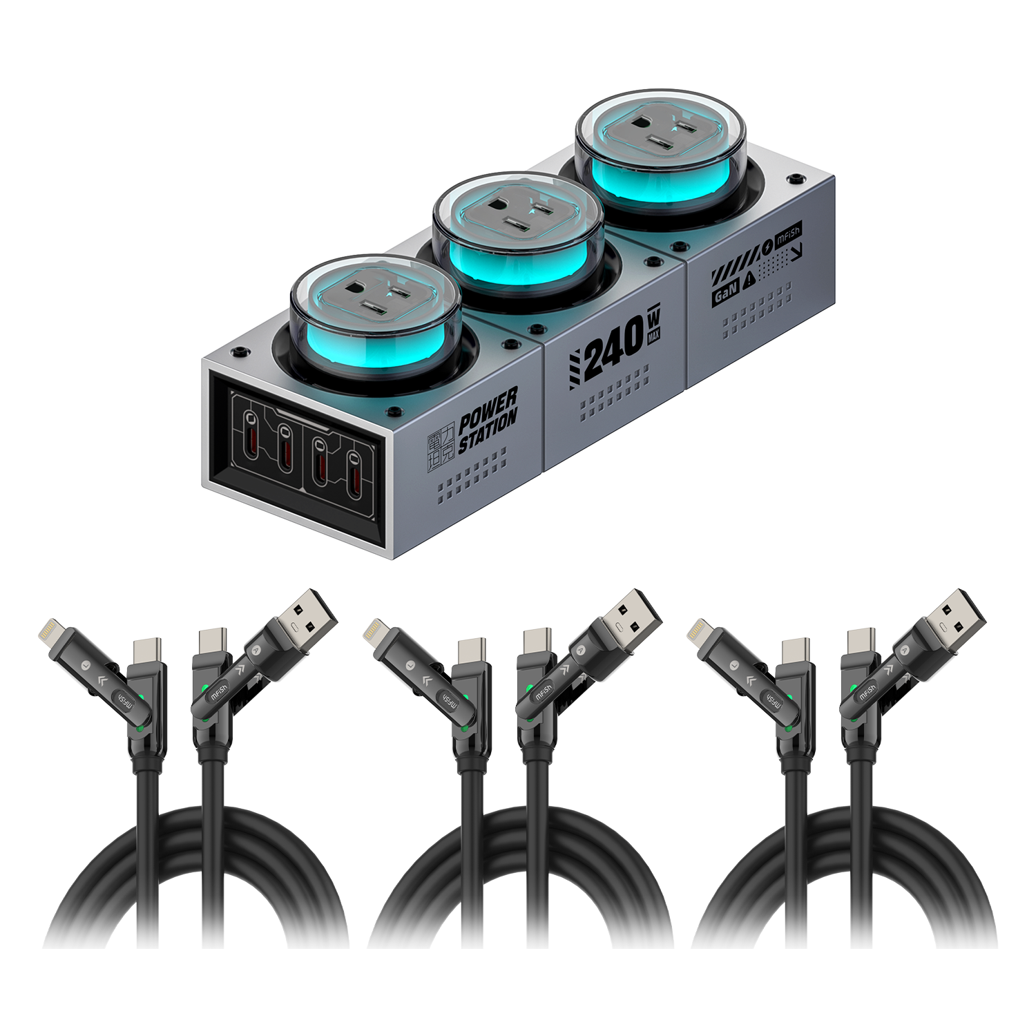 mfish E-Tank 240W GaN Desktop-Ladestation (7-in-1: 4 USB-C-Anschlüsse & 3 AC-Steckdosen, 1250W)