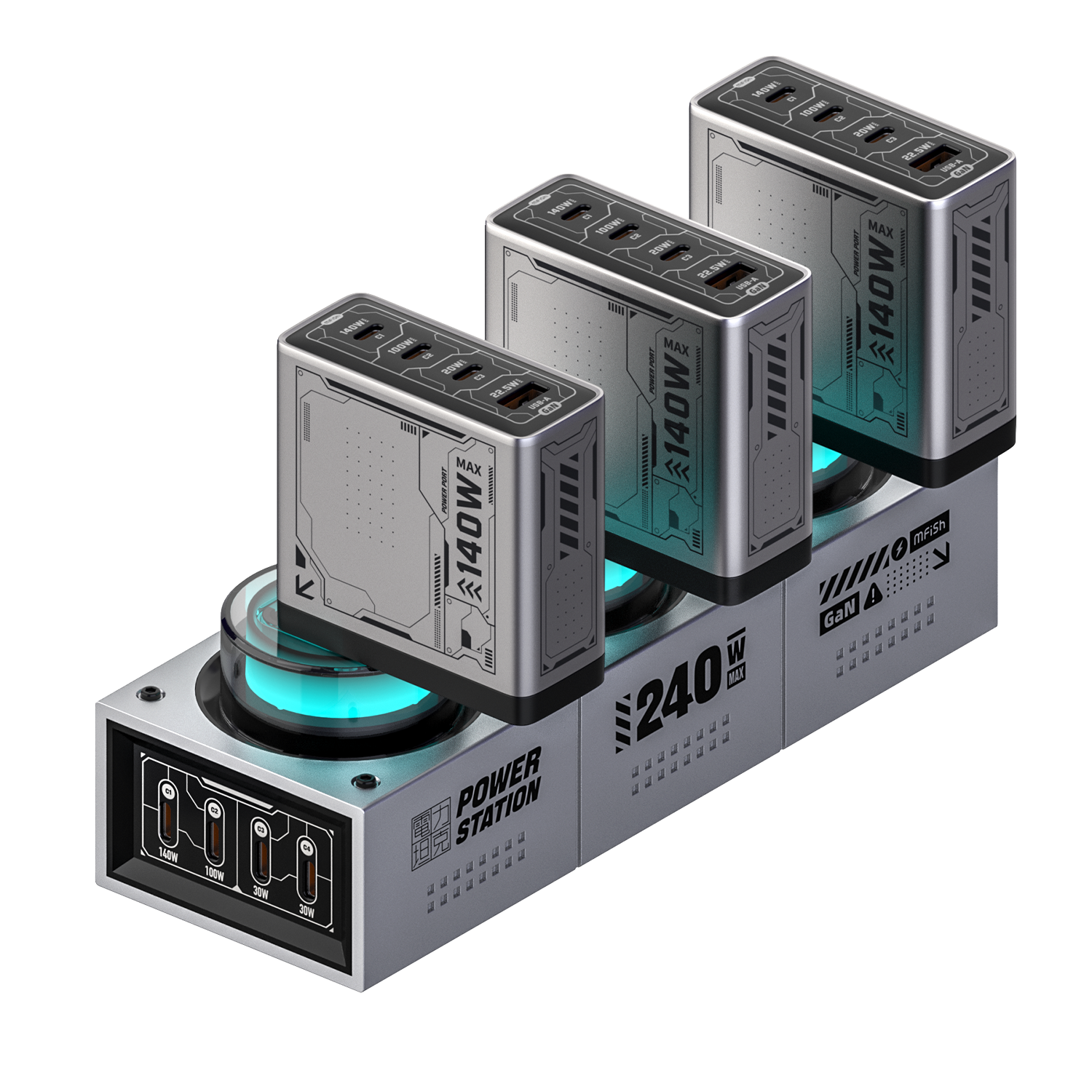 mfish E-Tank 240W GaN Desktop-Ladestation (7-in-1: 4 USB-C-Anschlüsse & 3 AC-Steckdosen, 1250W)