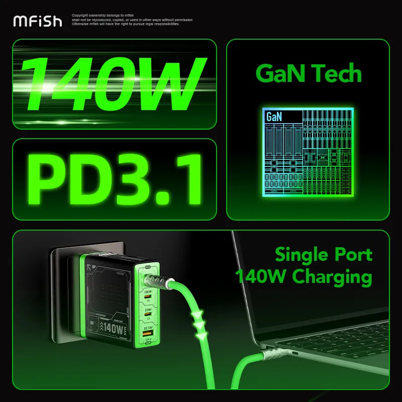 Mfish Rehino 140W 4-Port Fast Charger Green and Black PD 3.1 GaN