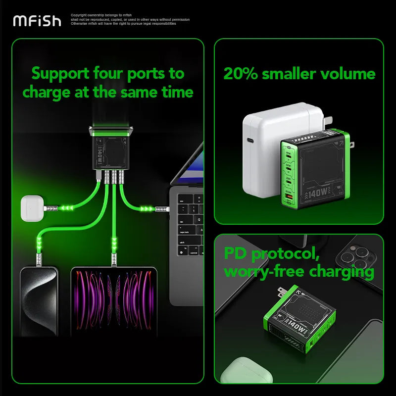 Mfish Rehino 140W 4-Port Fast Charger Green and Black, 4 Devices, 20% Smaller, PD Protocol