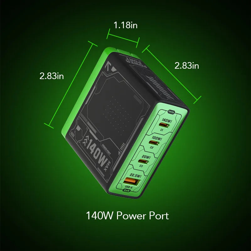 Mfish Rehino 140W 4-Port Fast Charger Green and Black, Dimensions 1.18 x 2.83 x 2.83 inches