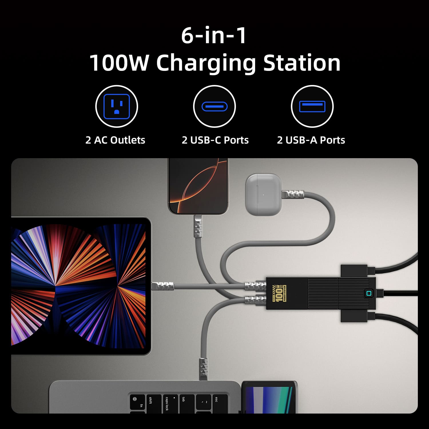 mfish E-Train 100W GaN Charging Station (6-in-1 USB-C Power Strip with 2 AC Outlets)
