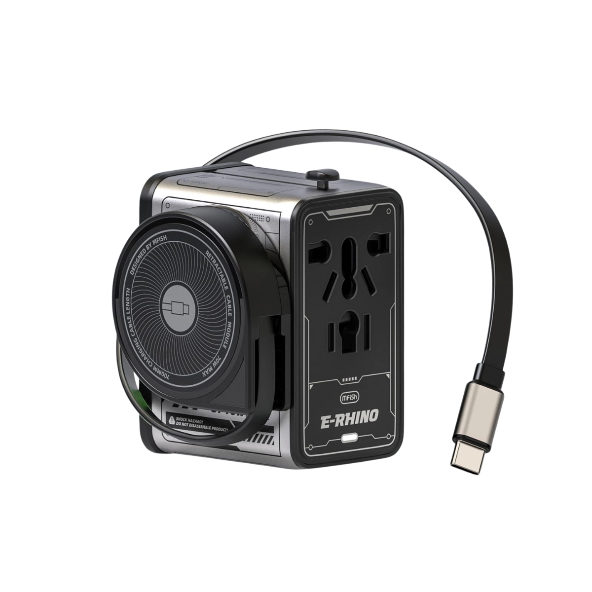 mfish E-RHINO Travel Adapter (75W, 5-in-1, GaN, Built-in Retractable Cable)