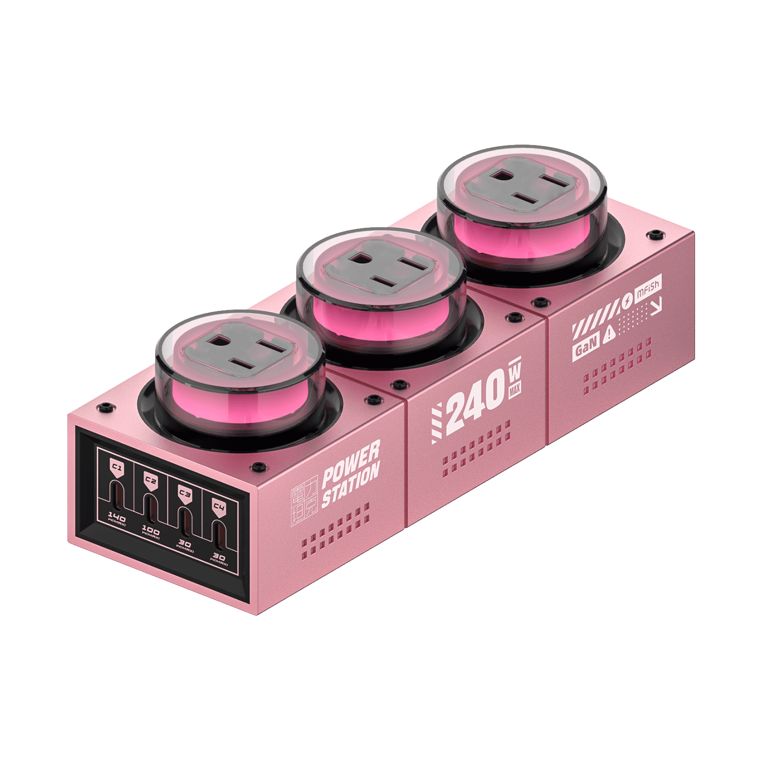 mfish E-Tank 240W GaN Desktop Charging Station - Pink (7-in-1 Power Hub: 4 USB-C & 3 AC Outlets)