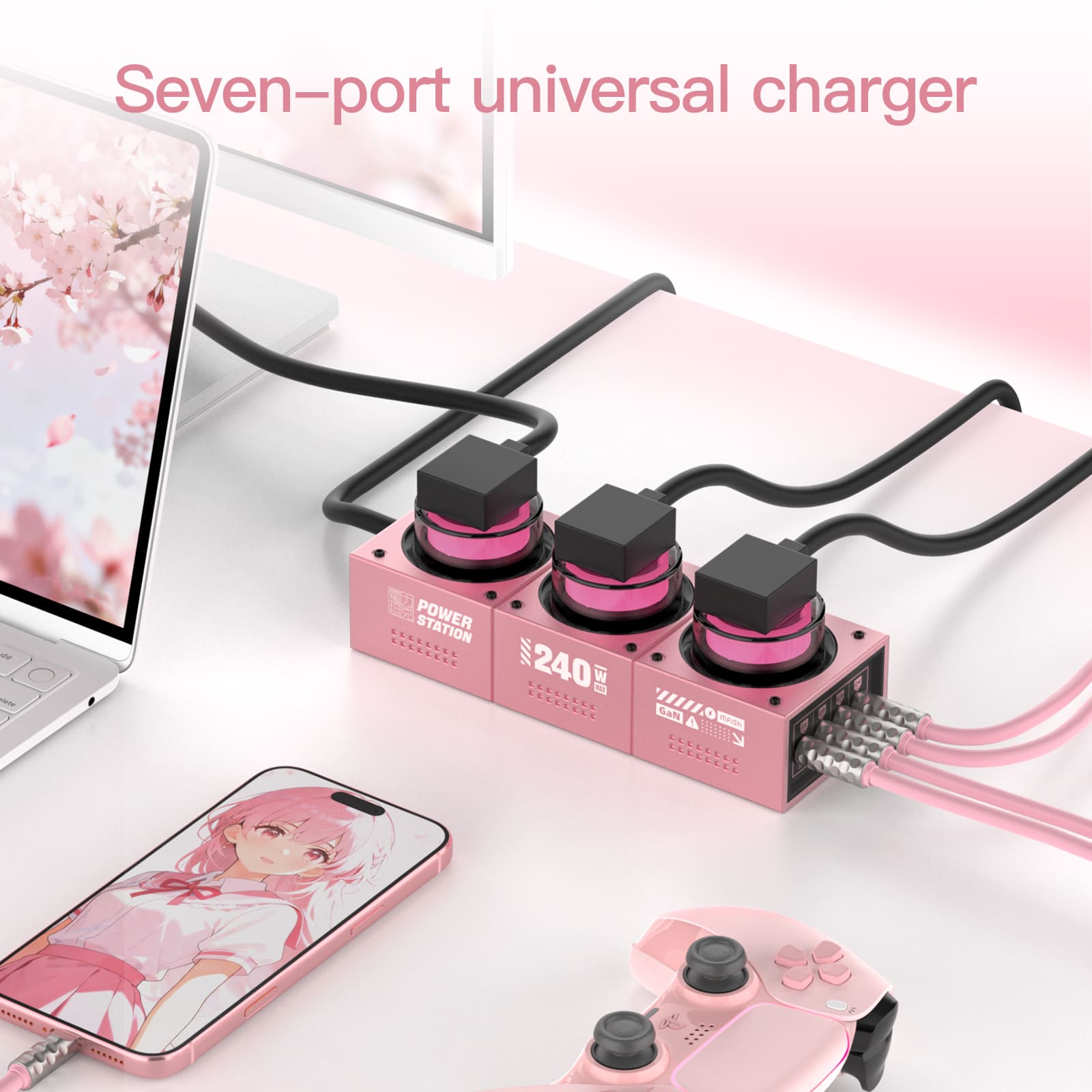 mfish E-Tank Charging Station Pink (7-in-1, 240W GaN, 1250W AC)