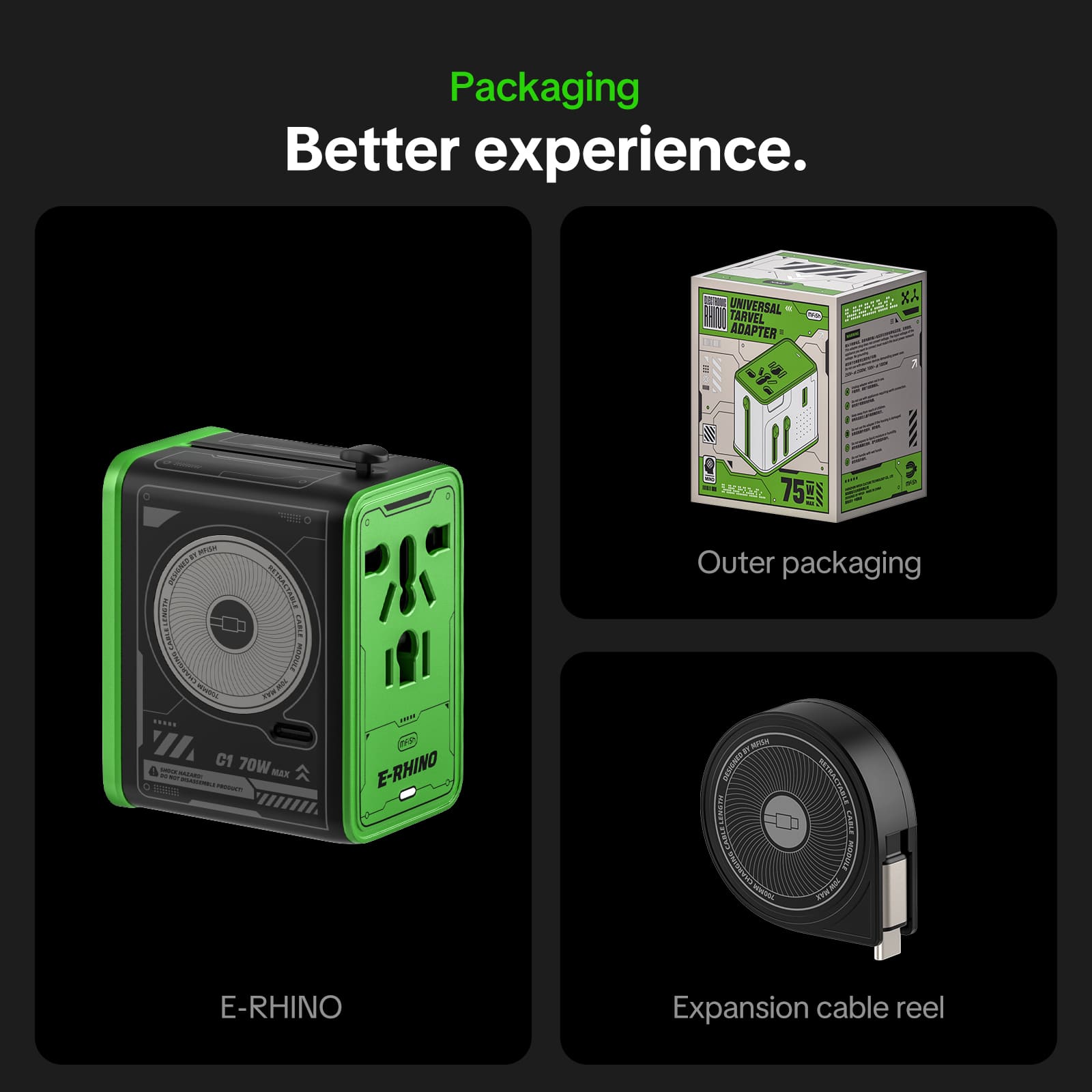 mfish E-RHINO Travel Adapter (75W, 5-in-1, GaN, Built-in Retractable Cable)