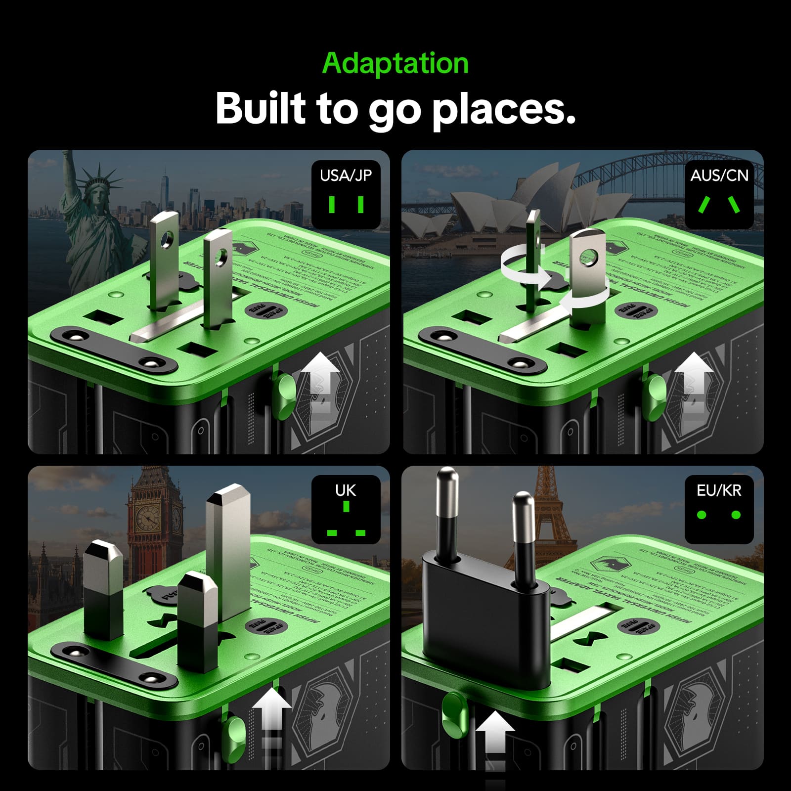 mfish E-RHINO Travel Adapter (75W, 5-in-1, GaN, Built-in Retractable Cable)