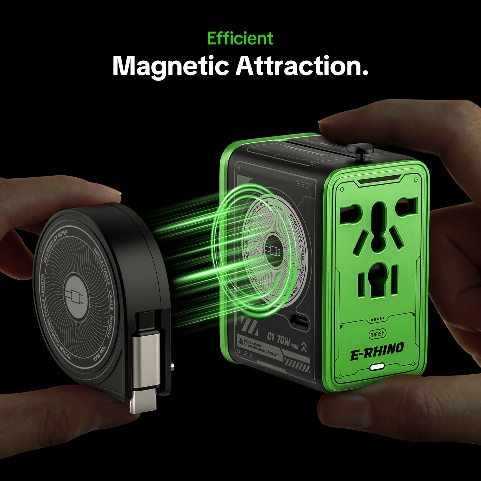 mfish E-RHINO Travel Adapter (75W, 5-in-1, GaN, Built-in Retractable Cable)