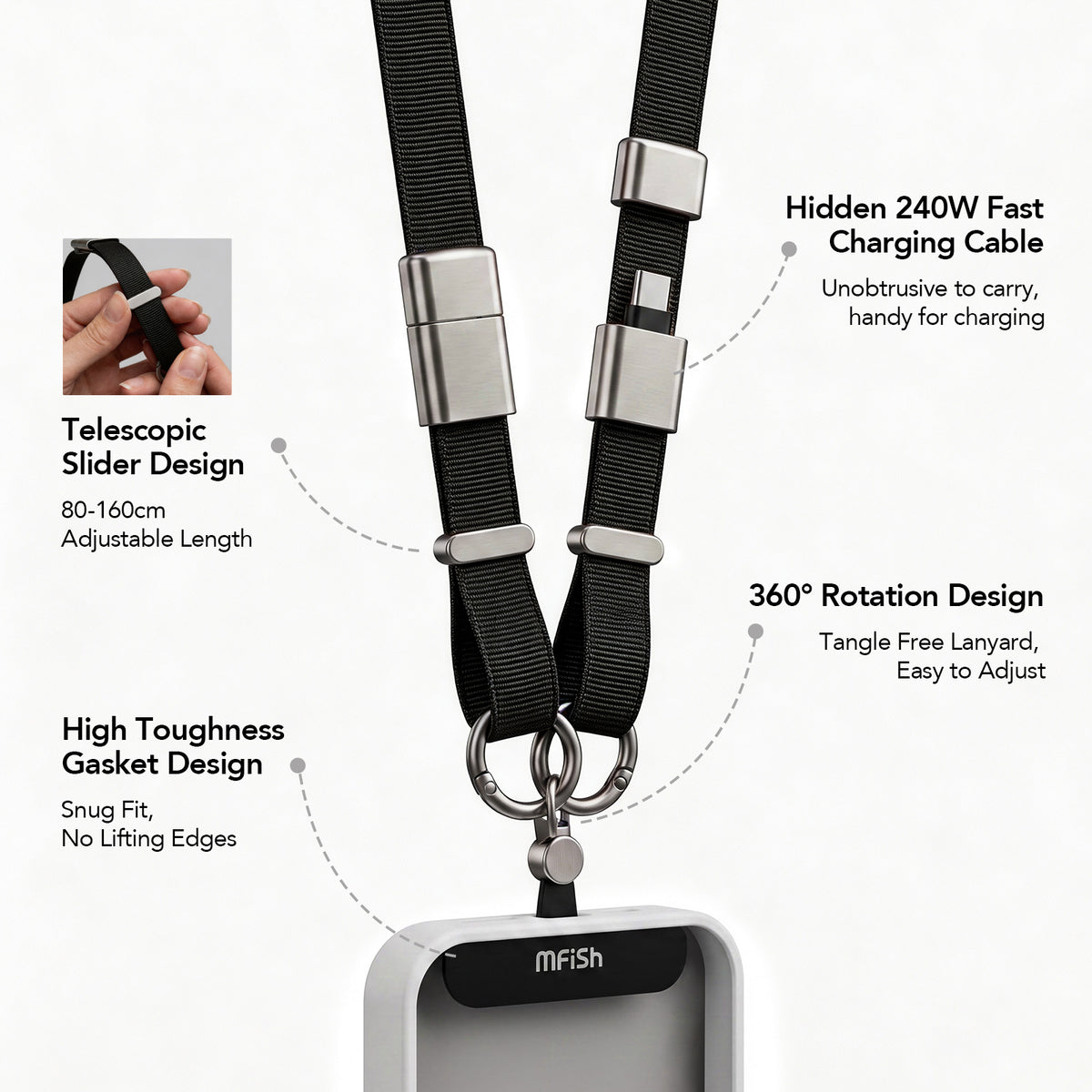 mfish Phone Lanyard (240W USB-C Cable, Adjustable Strap)