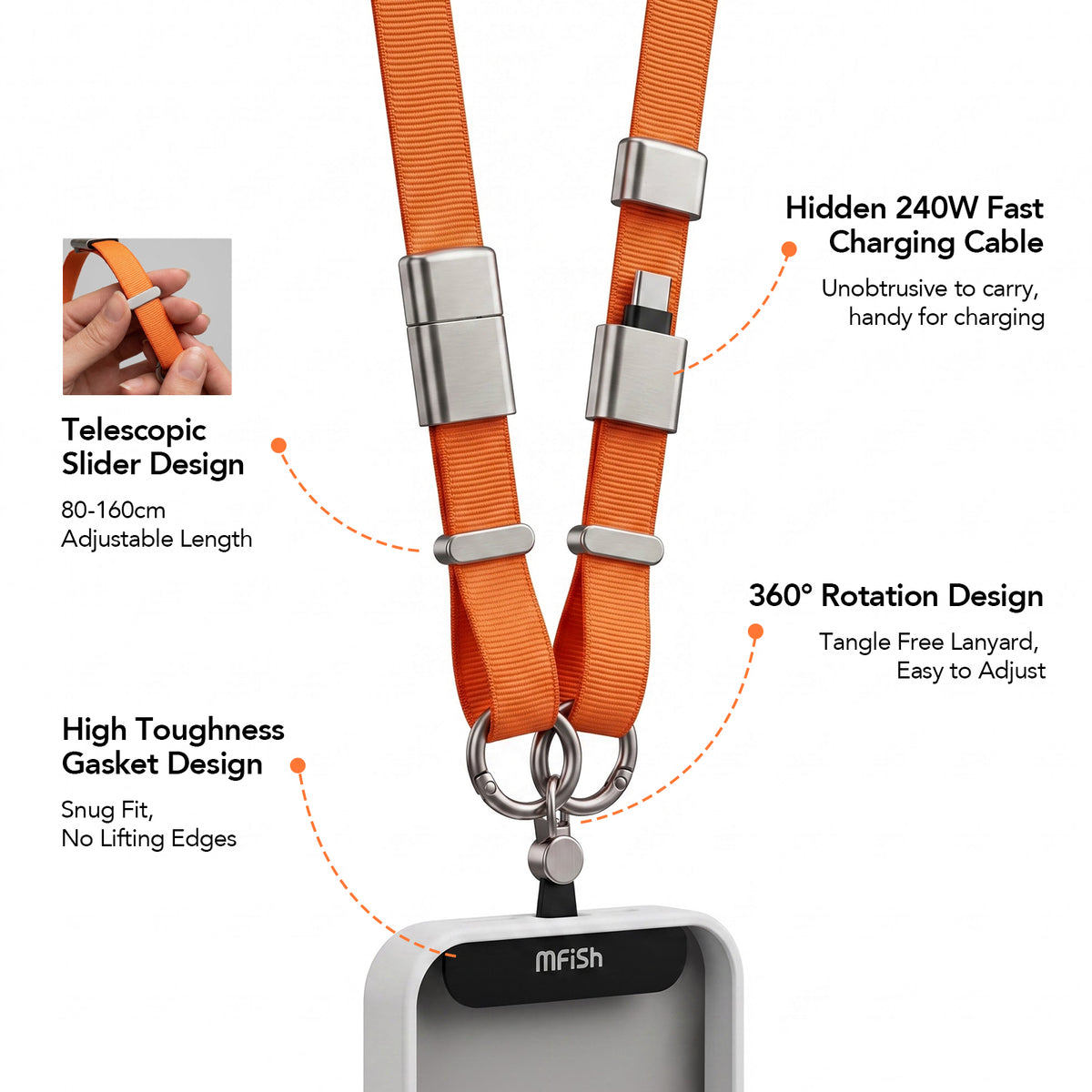 mfish Phone Lanyard (240W USB-C Cable, Adjustable Strap)