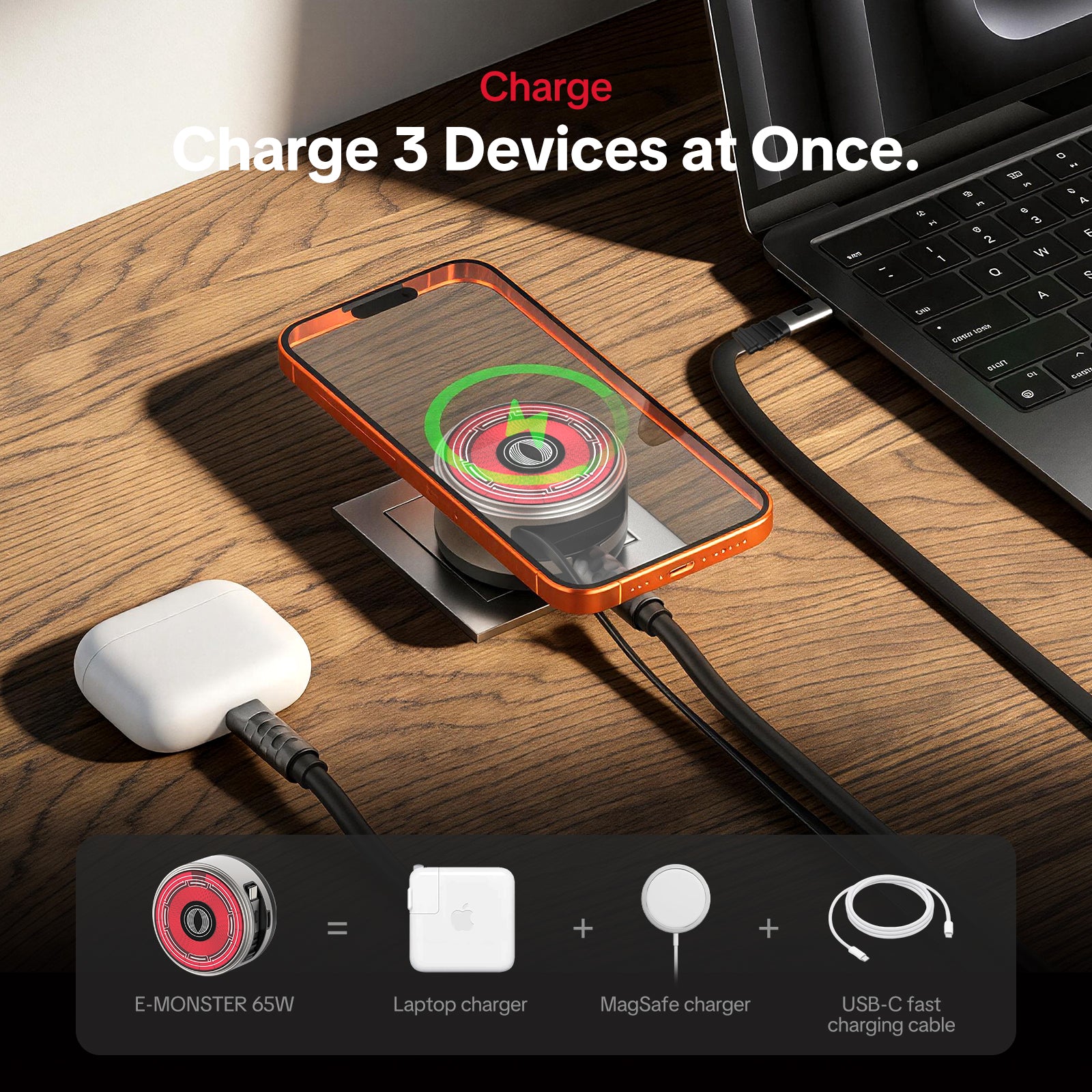 mfish E-Monster 3-in-1 Charger(65W, Wireless Charging, Built-in Retractable Cable)
