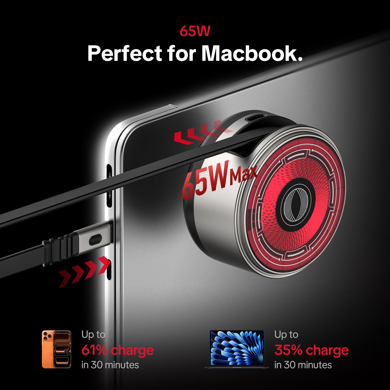 mfish E-Monster 3-in-1 Charger(65W, Wireless Charging, Built-in Retractable Cable)