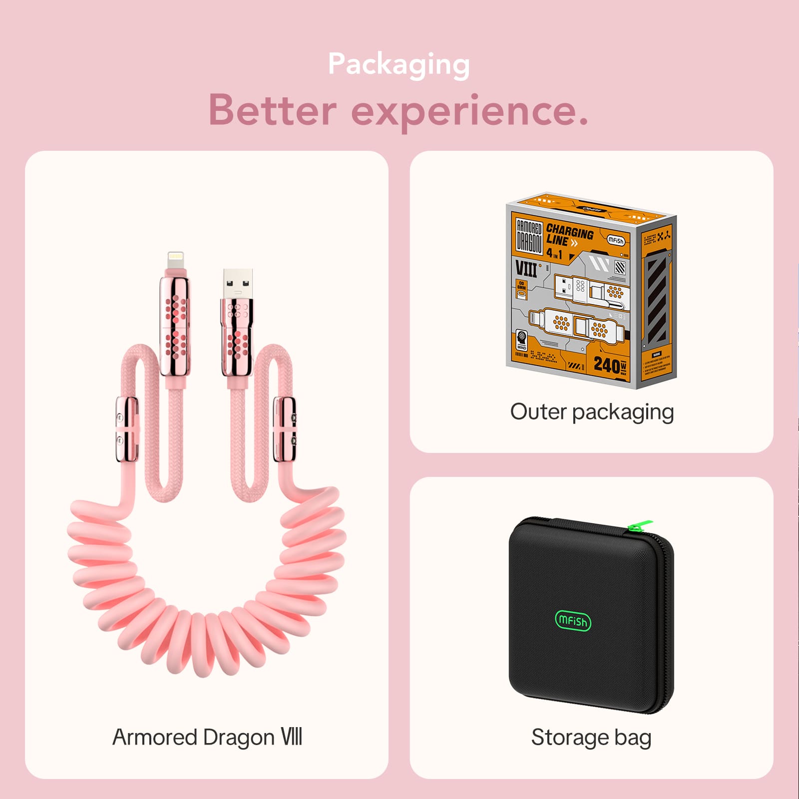 mfish Armored Dragon 8 Spiralkabel (4-in-1, 240 W) – Verwicklungsfrei für Auto und Schreibtisch