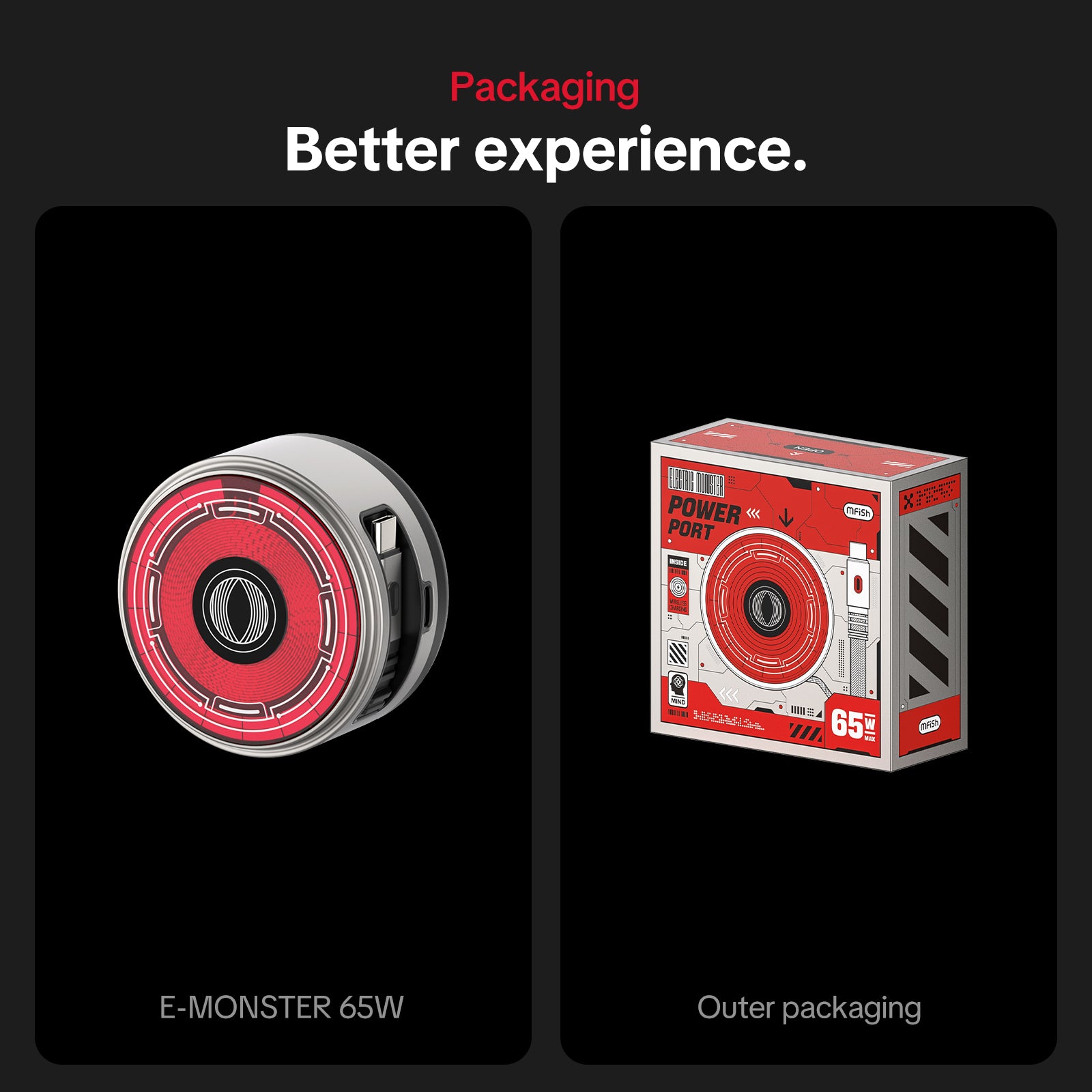 mfish E-Monster 3-in-1 Charger(65W, Wireless Charging, Built-in Retractable Cable)