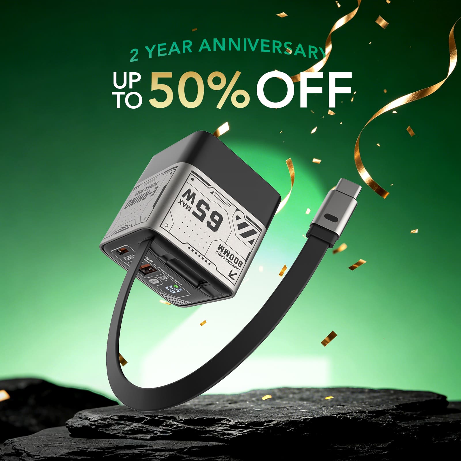 mfish E-RHINO Charger (65W, 3 Ports, Built-In and Retractable Cables)