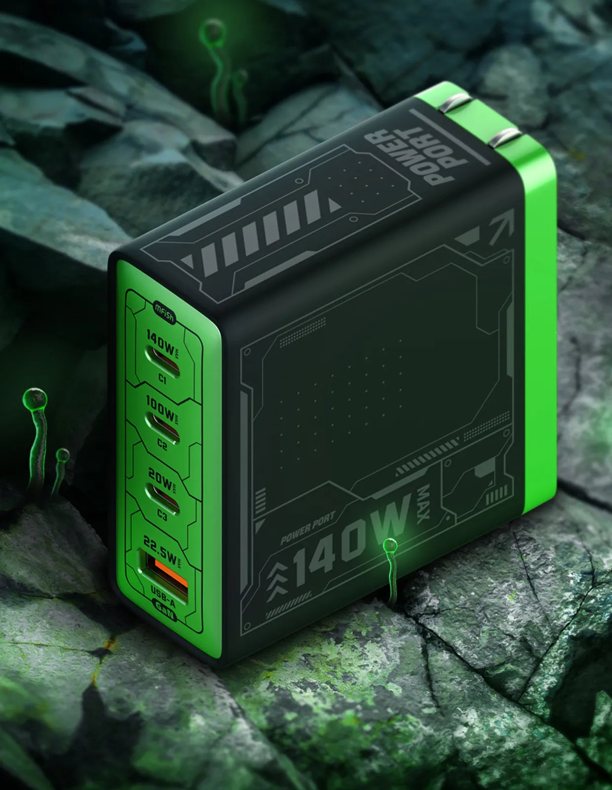 Mfish Rehino 140W 4-Port Fast Charger Green and Black 3 USB-C + 1 USB-A