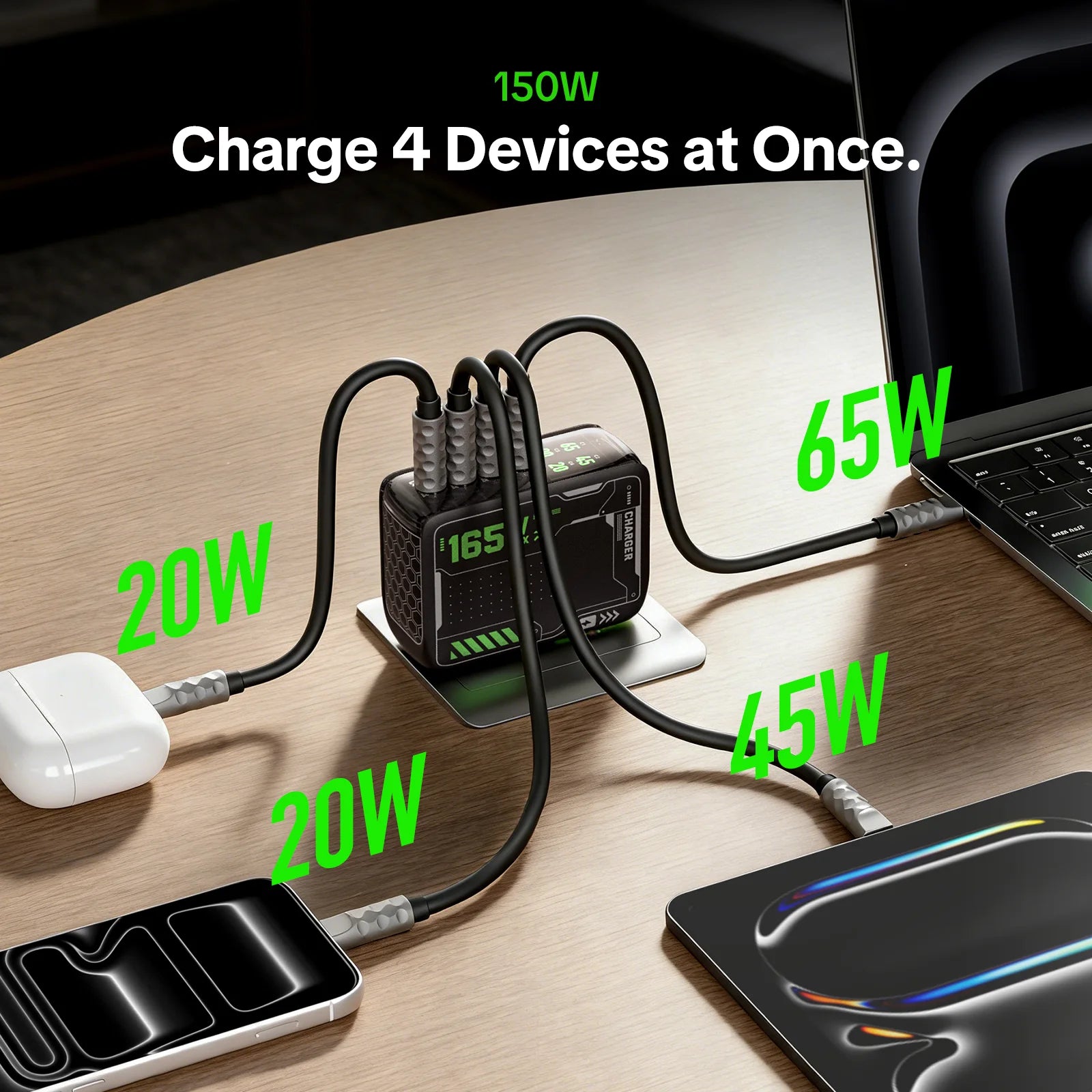 mfish E-RHINO Charger (165W, 4 USB-C Ports, GaN, Smart Display)