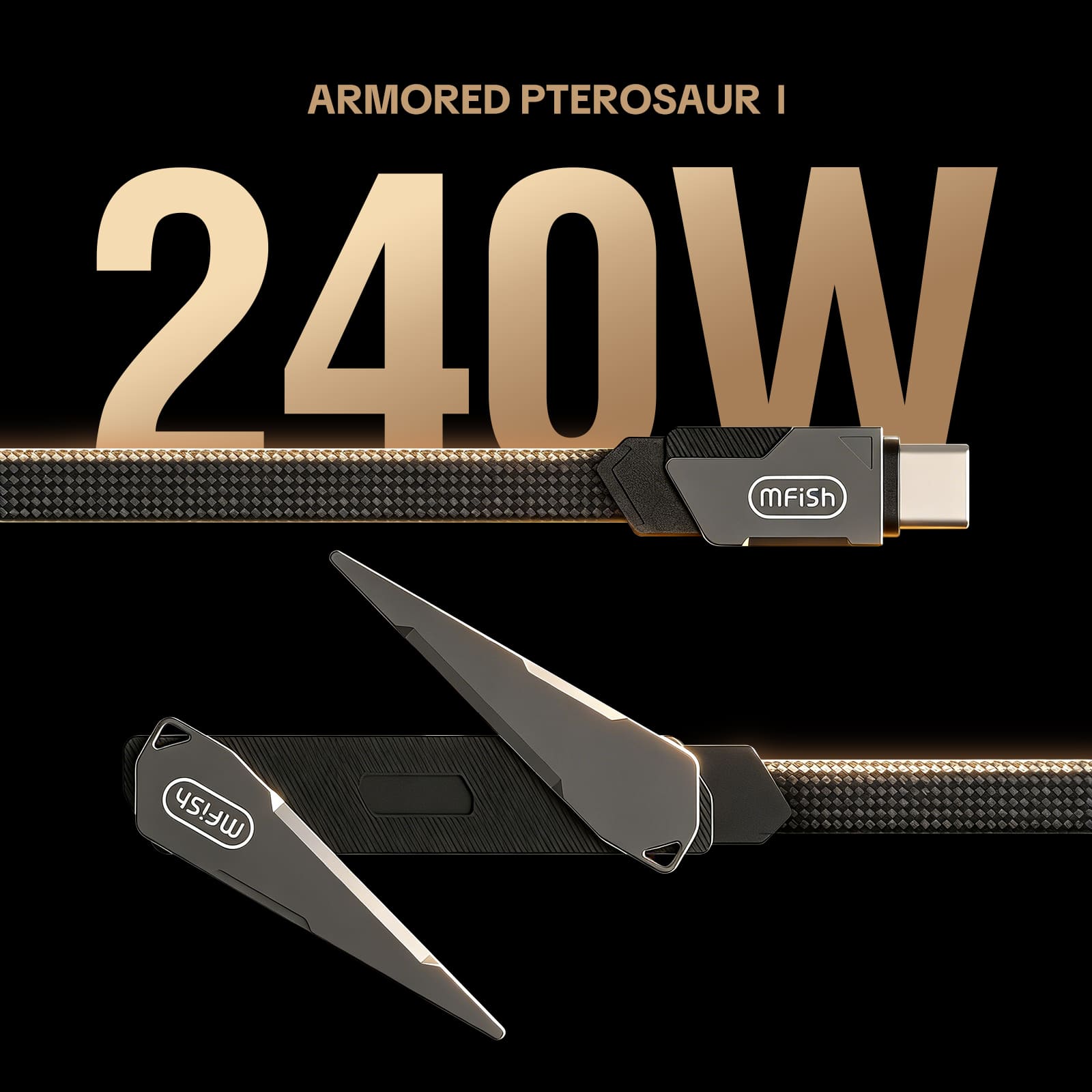 mfish Armored Pterosaur USB-C Cable (240W, T-Shaped, Foldable Built-in Phone Stand)