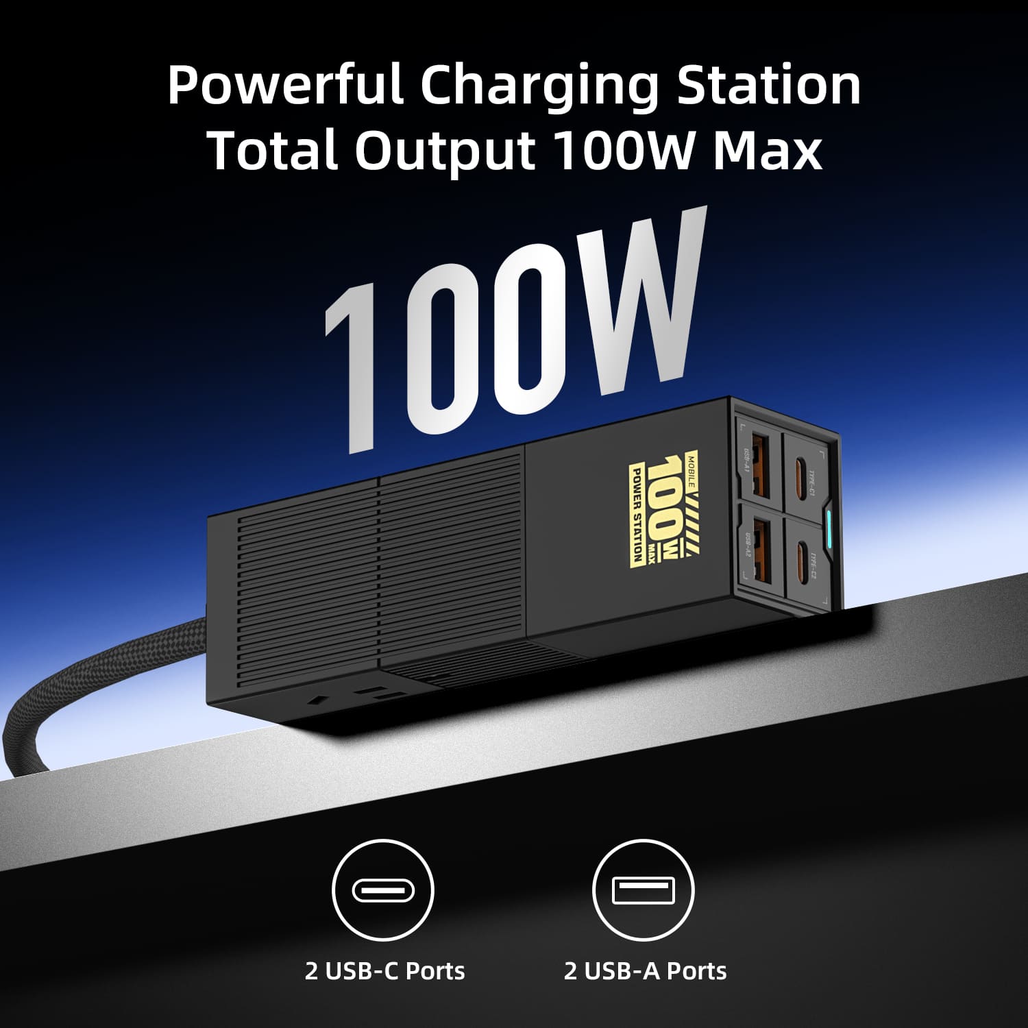 mfish E-Train 100W GaN Charging Station (6-in-1 USB-C Power Strip with 2 AC Outlets)