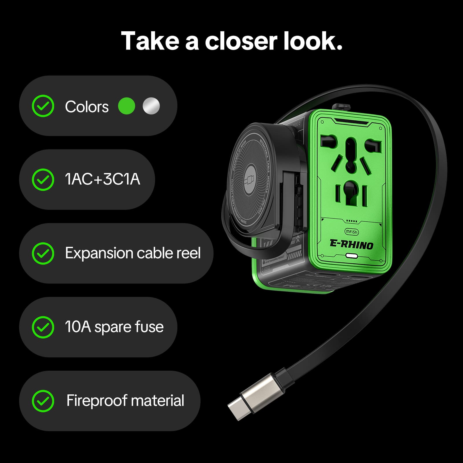 mfish E-RHINO Travel Adapter (75W, 5-in-1, GaN, Built-in Retractable Cable)