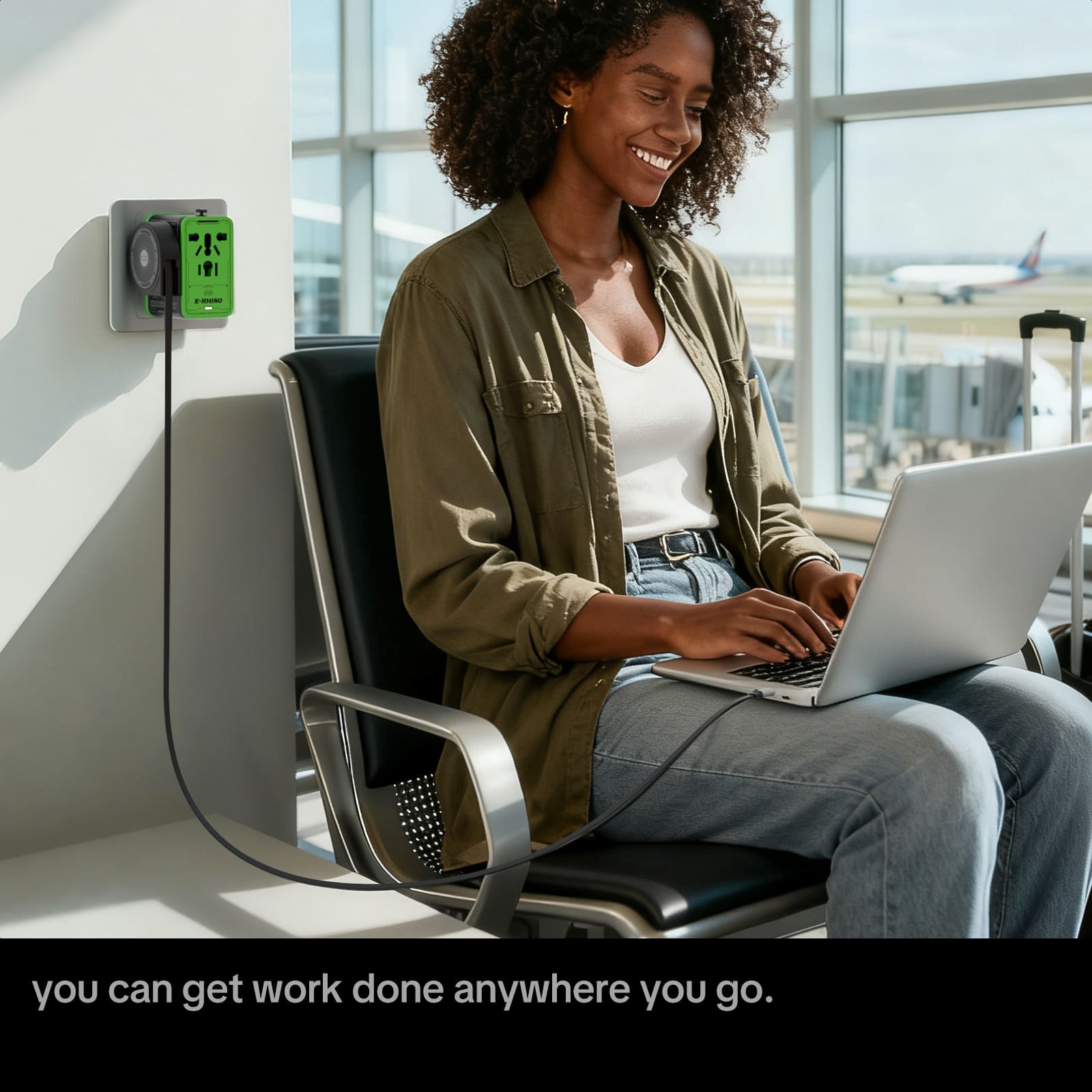 mfish E-RHINO Travel Adapter (75W, 5-in-1, GaN, Built-in Retractable Cable)