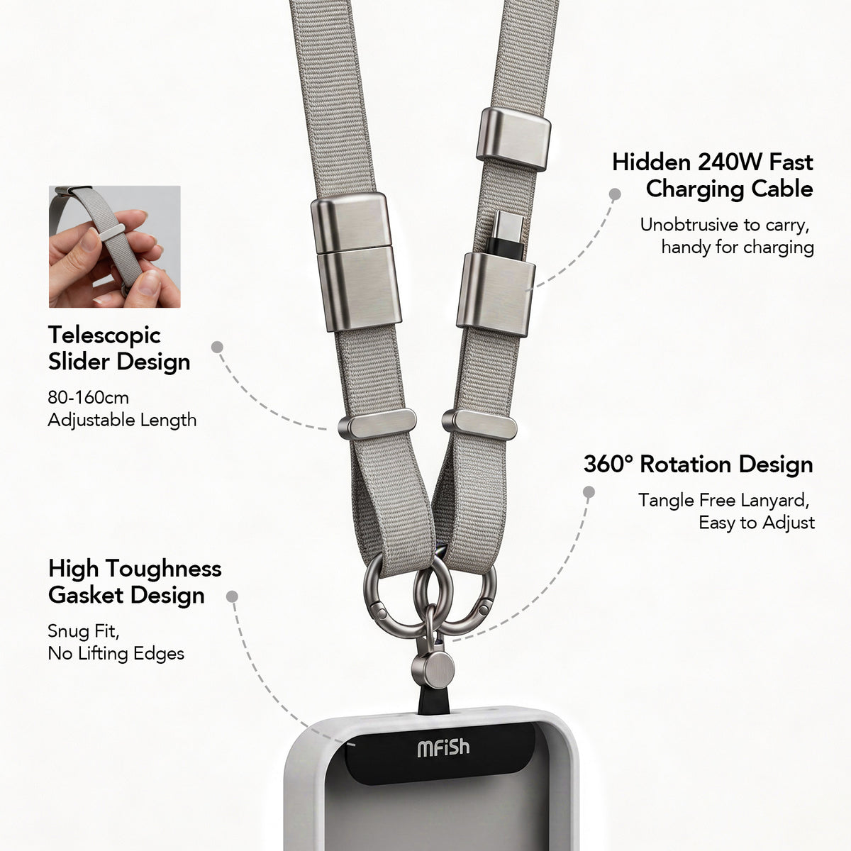 mfish Phone Lanyard (240W USB-C Cable, Adjustable Strap)