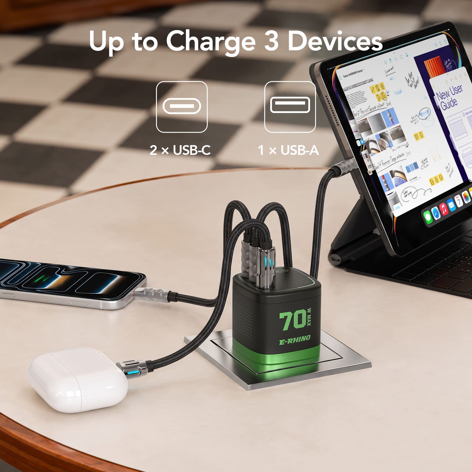 mfish E-RHINO Global Travel Charger (70W, 3-Port, GaN, Integrated Rotary Plug)