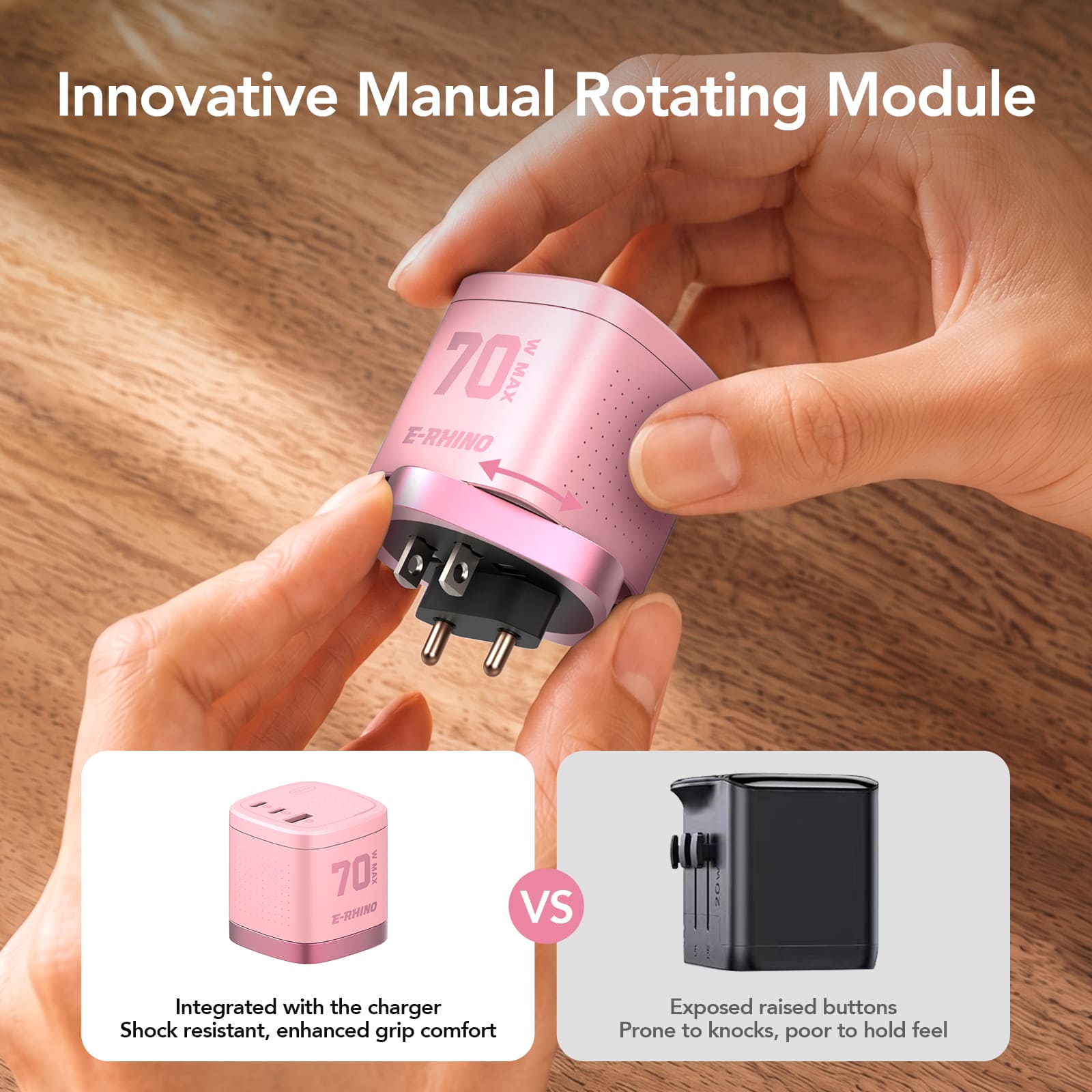 mfish E-RHINO Global Travel Charger (70W, 3-Port, GaN, Integrated Rotary Plug)