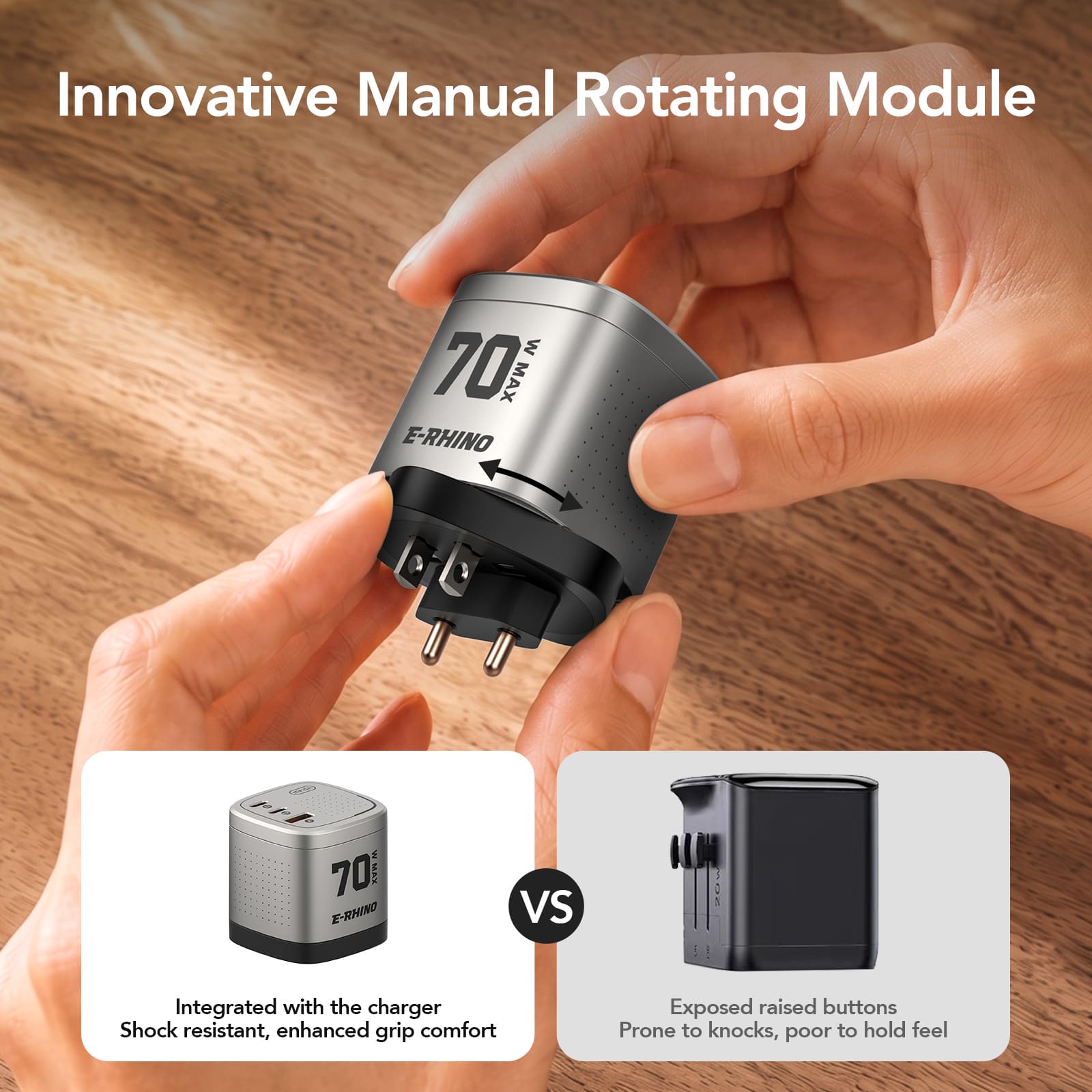 mfish E-RHINO Global Travel Charger (70W, 3-Port, GaN, Integrated Rotary Plug)