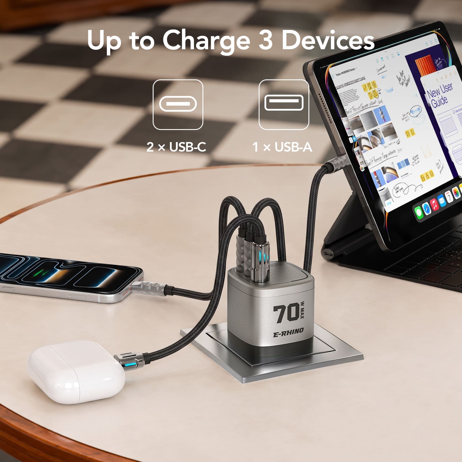 mfish E-RHINO Global Travel Charger (70W, 3-Port, GaN, Integrated Rotary Plug)